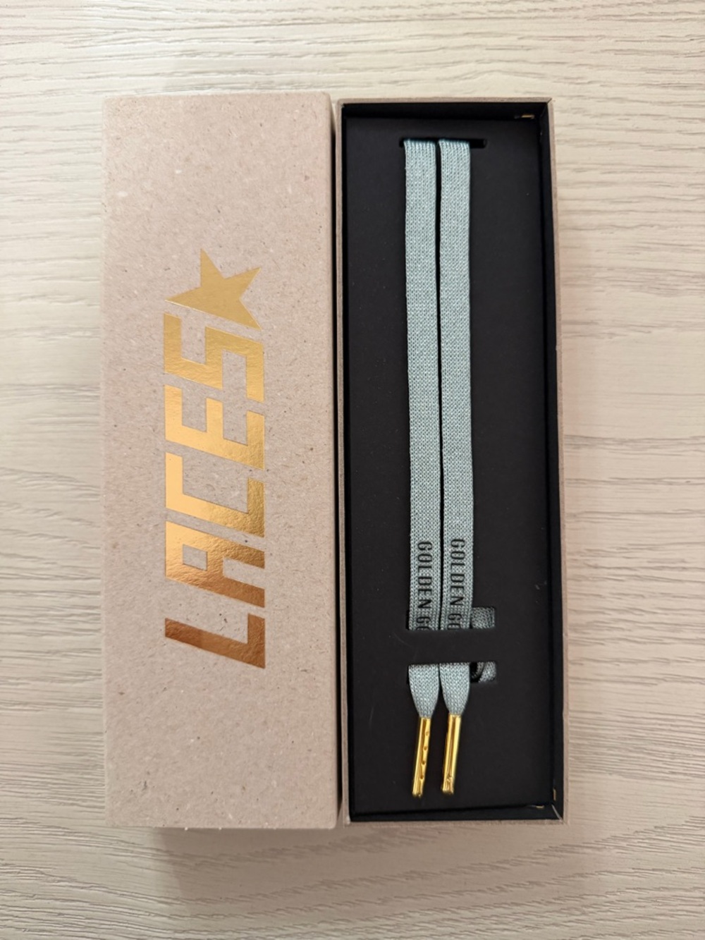 Golden Goose Light Teal Shoelaces with Gold Tips